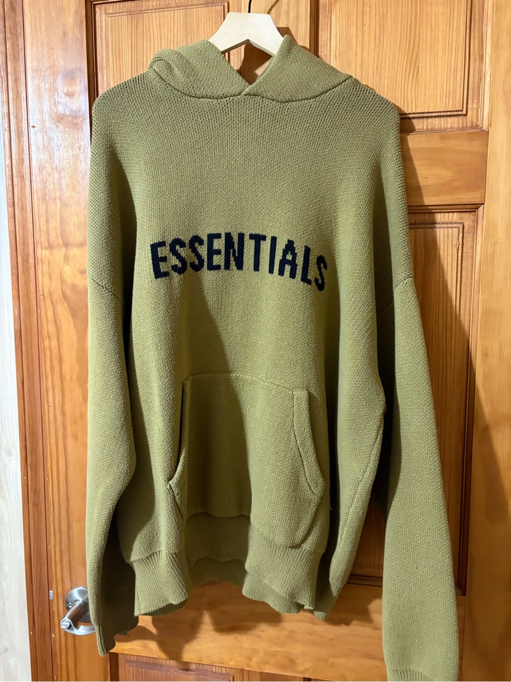 Essentials Olive Knit Hoodie with Navy Logo